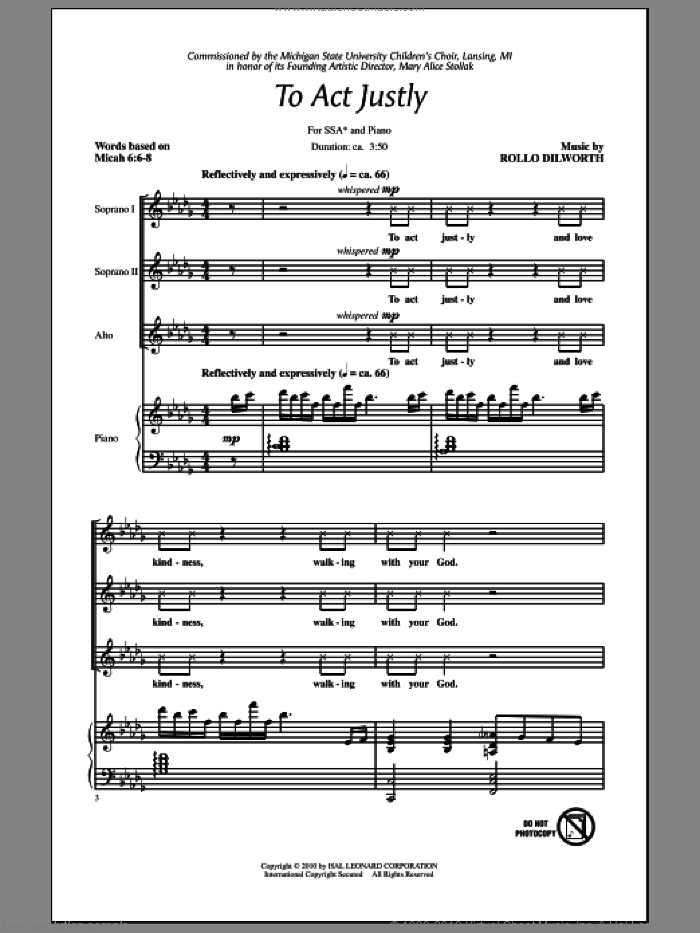 To Act Justly sheet music for choir (SSA: soprano, alto) by Rollo Dilworth and Miscellaneous, intermediate skill level