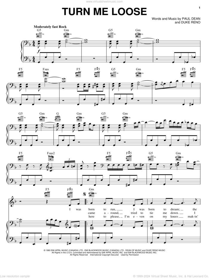 Turn Me Loose sheet music for voice, piano or guitar by Loverboy, Duke Reno and Paul Dean, intermediate skill level