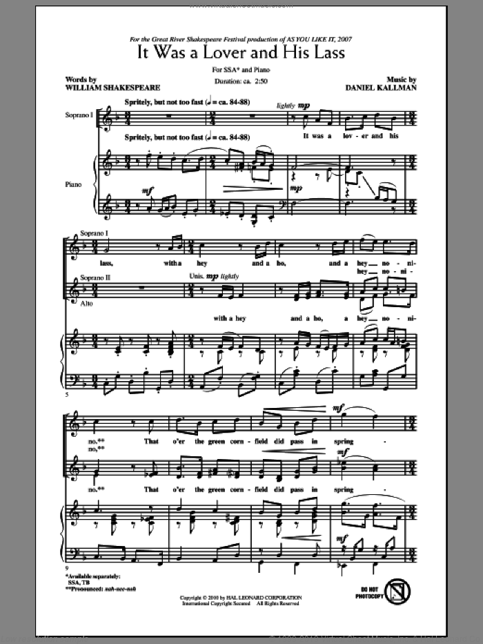 It Was A Lover And His Lass sheet music for choir (SSA: soprano, alto) by Daniel Kallman and William Shakespeare, intermediate skill level