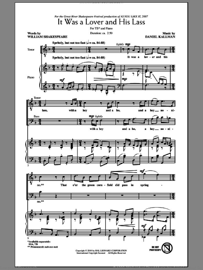 It Was A Lover And His Lass sheet music for choir (TB: tenor, bass) by Daniel Kallman and William Shakespeare, intermediate skill level