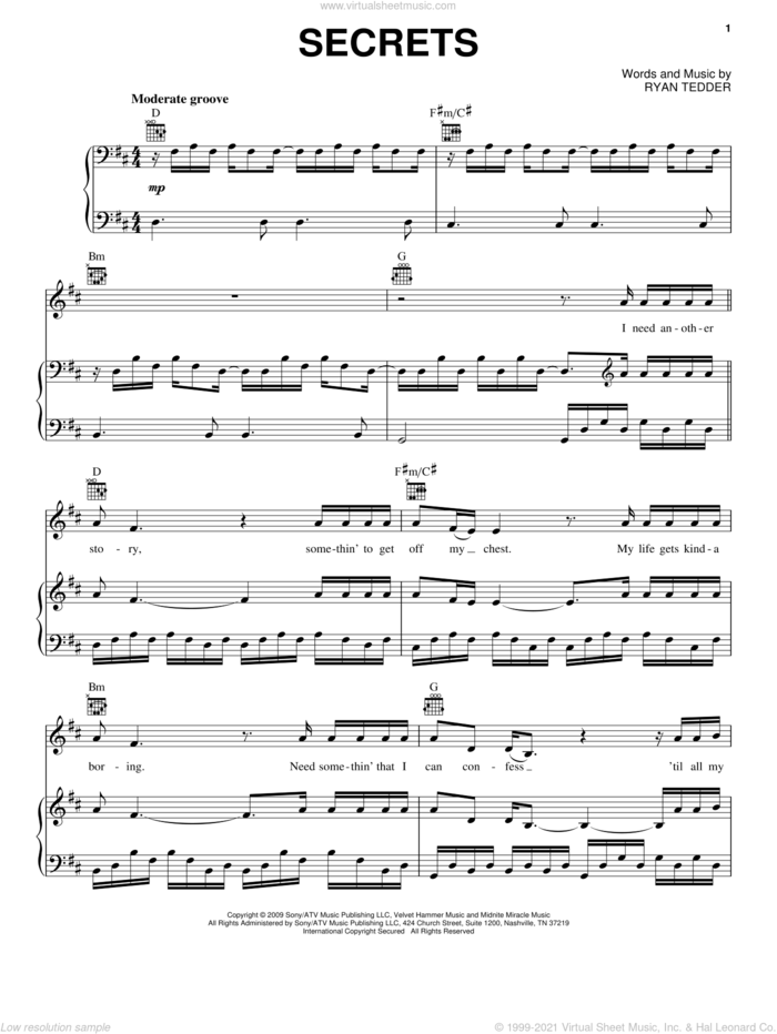 Secrets sheet music for voice, piano or guitar by OneRepublic and Ryan Tedder, intermediate skill level