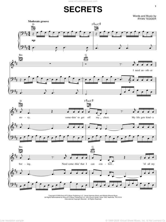 Secrets sheet music for voice, piano or guitar by OneRepublic and Ryan Tedder, intermediate skill level