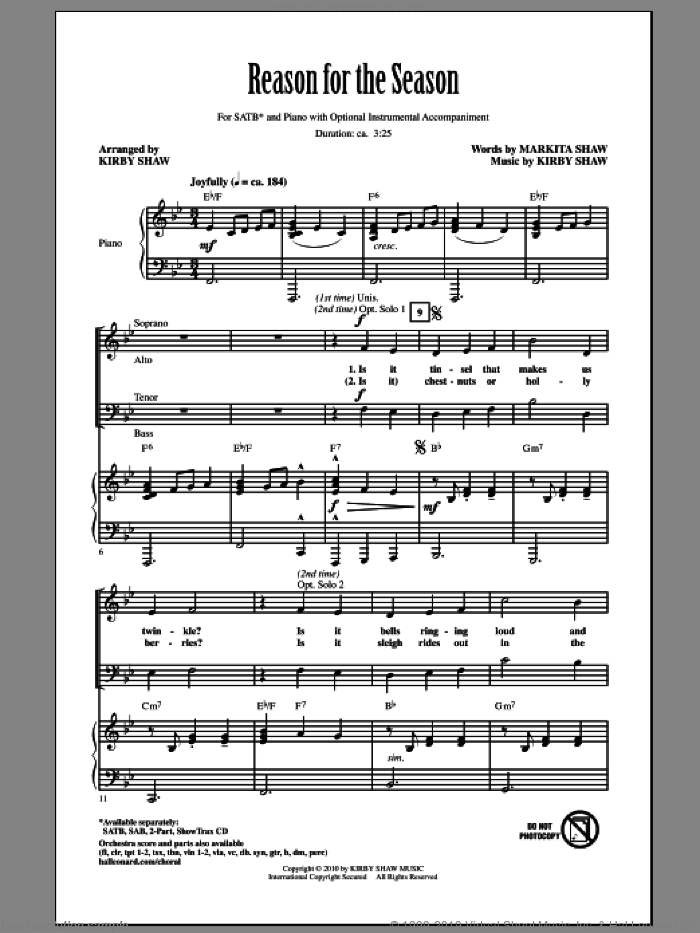 Reason For The Season sheet music for choir (SATB: soprano, alto, tenor, bass) by Kirby Shaw and Markita Shaw, intermediate skill level