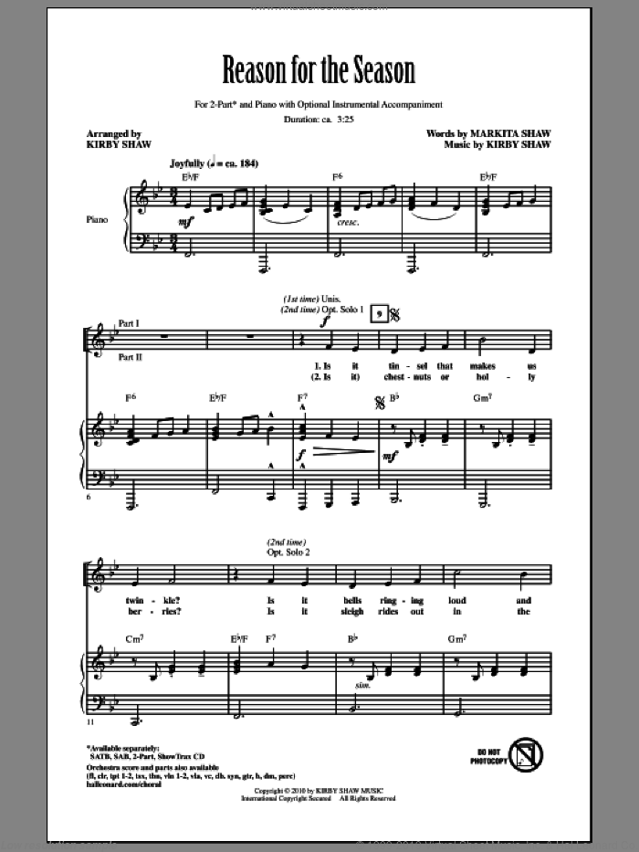 Reason For The Season sheet music for choir (2-Part) by Kirby Shaw and Markita Shaw, intermediate duet