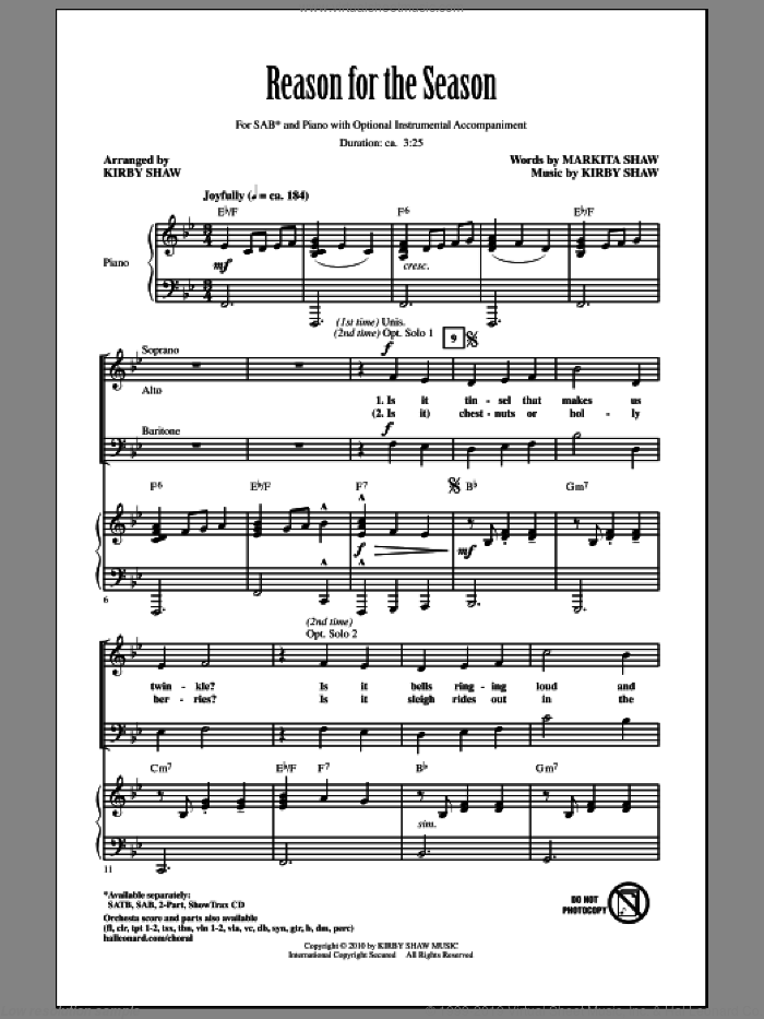 Reason For The Season sheet music for choir (SAB: soprano, alto, bass) by Kirby Shaw and Markita Shaw, intermediate skill level