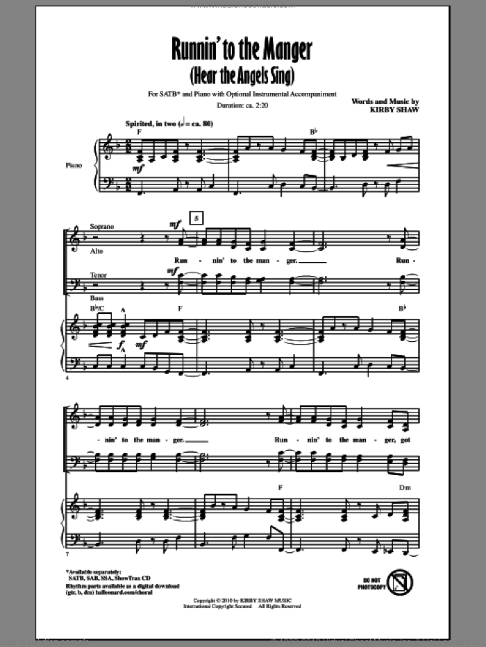 Runnin' To The Manger (Hear The Angels Sing) sheet music for choir (SATB: soprano, alto, tenor, bass) by Kirby Shaw, intermediate skill level