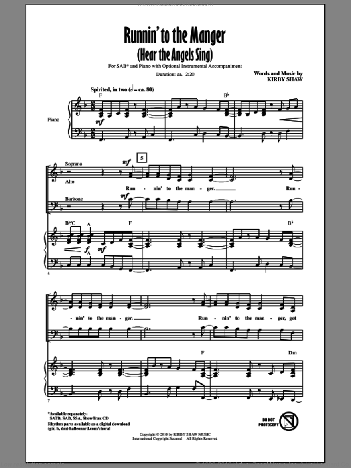 Runnin' To The Manger (Hear The Angels Sing) sheet music for choir (SAB: soprano, alto, bass) by Kirby Shaw, intermediate skill level
