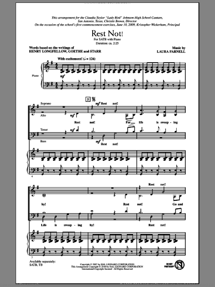 Rest Not! sheet music for choir (SATB: soprano, alto, tenor, bass) by Laura Farnell and Henry Wadsworth Longfellow, intermediate skill level