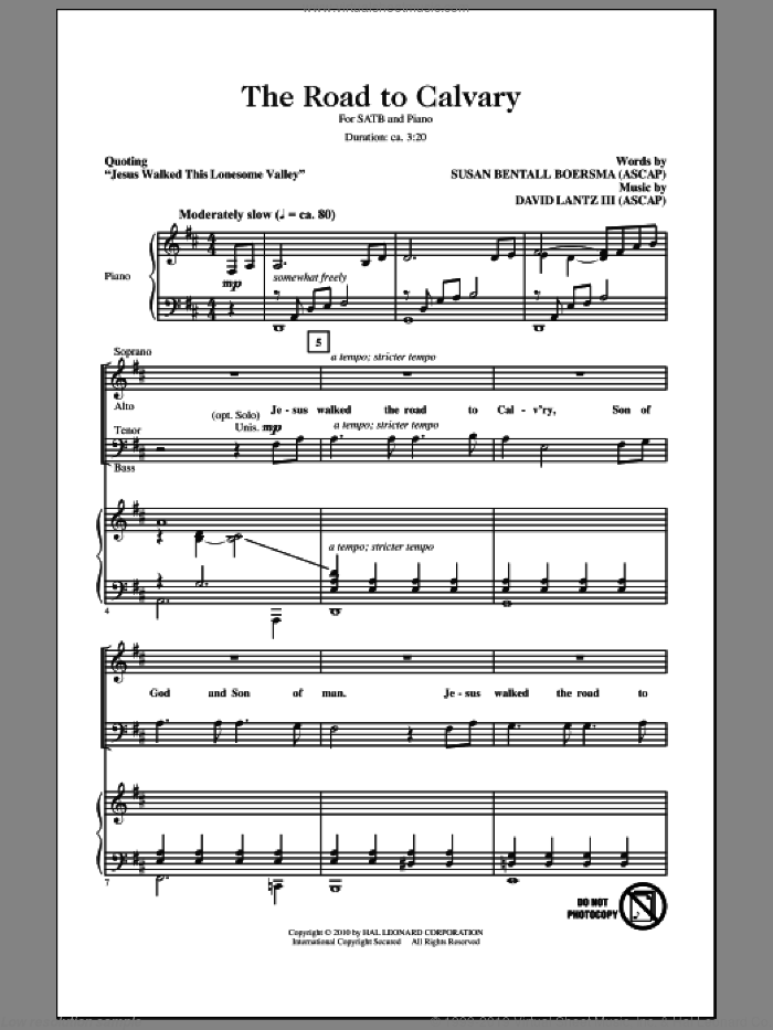 The Road To Calvary sheet music for choir (SATB: soprano, alto, tenor, bass) by David Lantz, Miscellaneous and Susan Bentall Boersma, intermediate skill level