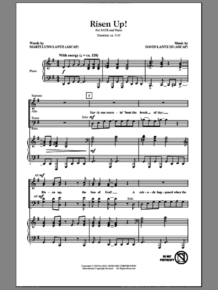 Risen Up! sheet music for choir (SATB: soprano, alto, tenor, bass) by David Lantz and Marti Lunn Lantz, intermediate skill level