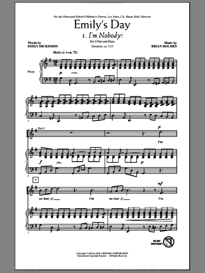 Emily's Day (Choral Collection) sheet music for choir (2-Part) by Brian Holmes and Emily Dickinson, intermediate duet