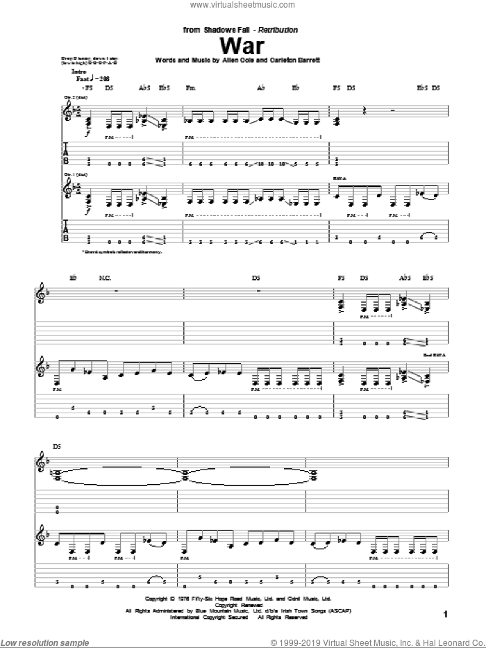 War sheet music for guitar (tablature) by Shadows Fall, Bob Marley, Allen Cole and Carleton Barrett, intermediate skill level