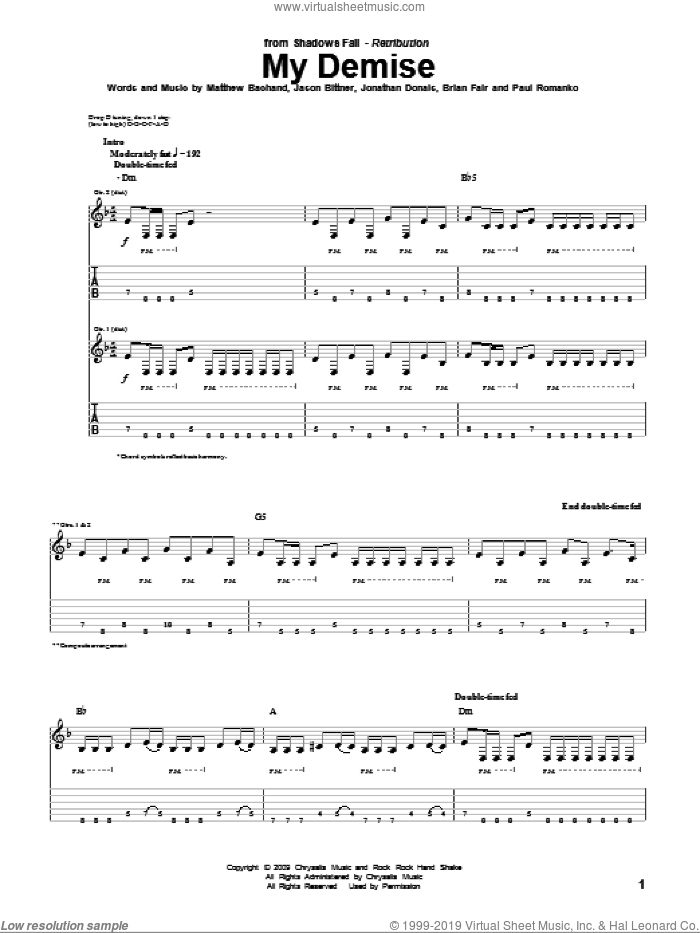 My Demise sheet music for guitar (tablature) by Shadows Fall, Brian Fair, Jason Bittner, Jonathan Donais, Matthew Bachand and Paul Romanko, intermediate skill level