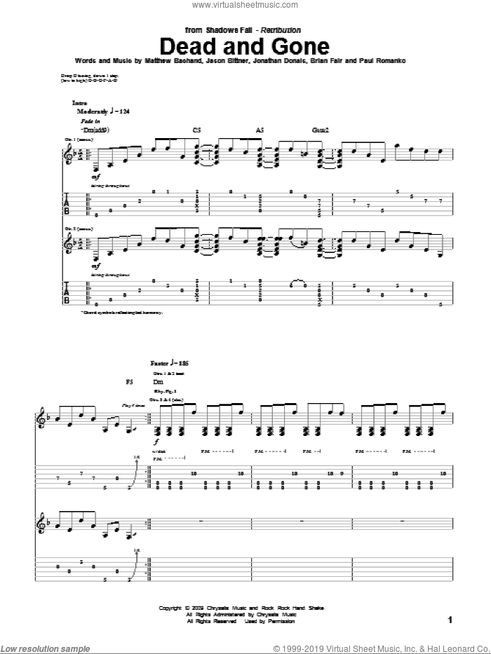 Dead And Gone sheet music for guitar (tablature) by Shadows Fall, Brian Fair, Jason Bittner, Jonathan Donais, Matthew Bachand and Paul Romanko, intermediate skill level