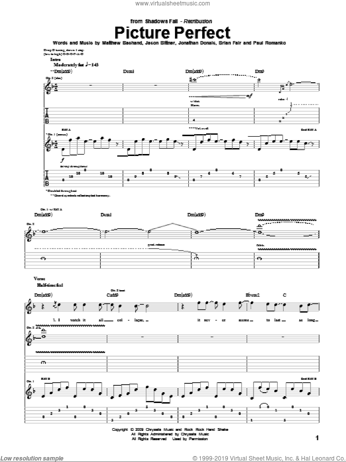 Picture Perfect sheet music for guitar (tablature) by Shadows Fall, Brian Fair, Jason Bittner, Jonathan Donais, Matthew Bachand and Paul Romanko, intermediate skill level