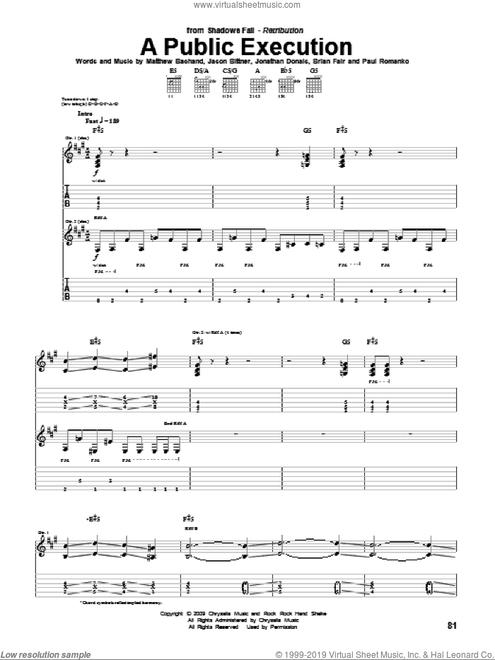A Public Execution sheet music for guitar (tablature) by Shadows Fall, Brian Fair, Jason Bittner, Jonathan Donais, Matthew Bachand and Paul Romanko, intermediate skill level