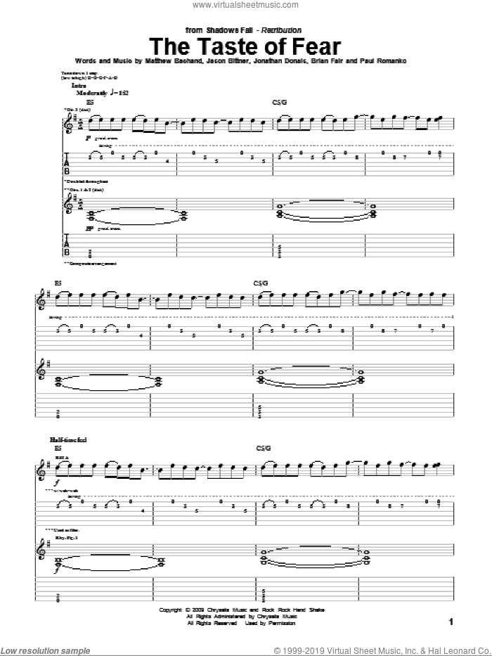 The Taste Of Fear sheet music for guitar (tablature) by Shadows Fall, Brian Fair, Jason Bittner, Jonathan Donais, Matthew Bachand and Paul Romanko, intermediate skill level