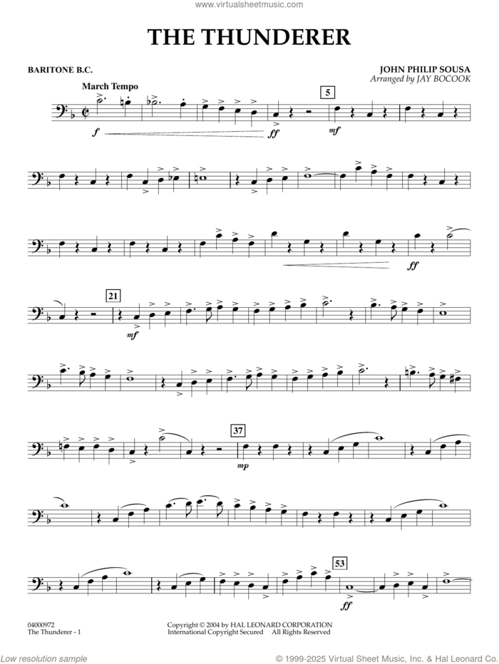 The Thunderer (arr. Jay Bocook) sheet music for concert band (baritone b.c.) by John Philip Sousa and Jay Bocook, intermediate skill level