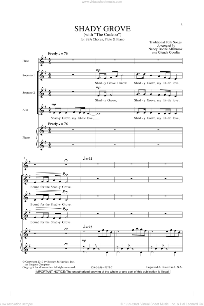 Shady Grove (with The Cuckoo) sheet music for choir (SSA: soprano, alto) by Nancy Boone Allsbrook, Glenda Goodin and Miscellaneous, intermediate skill level
