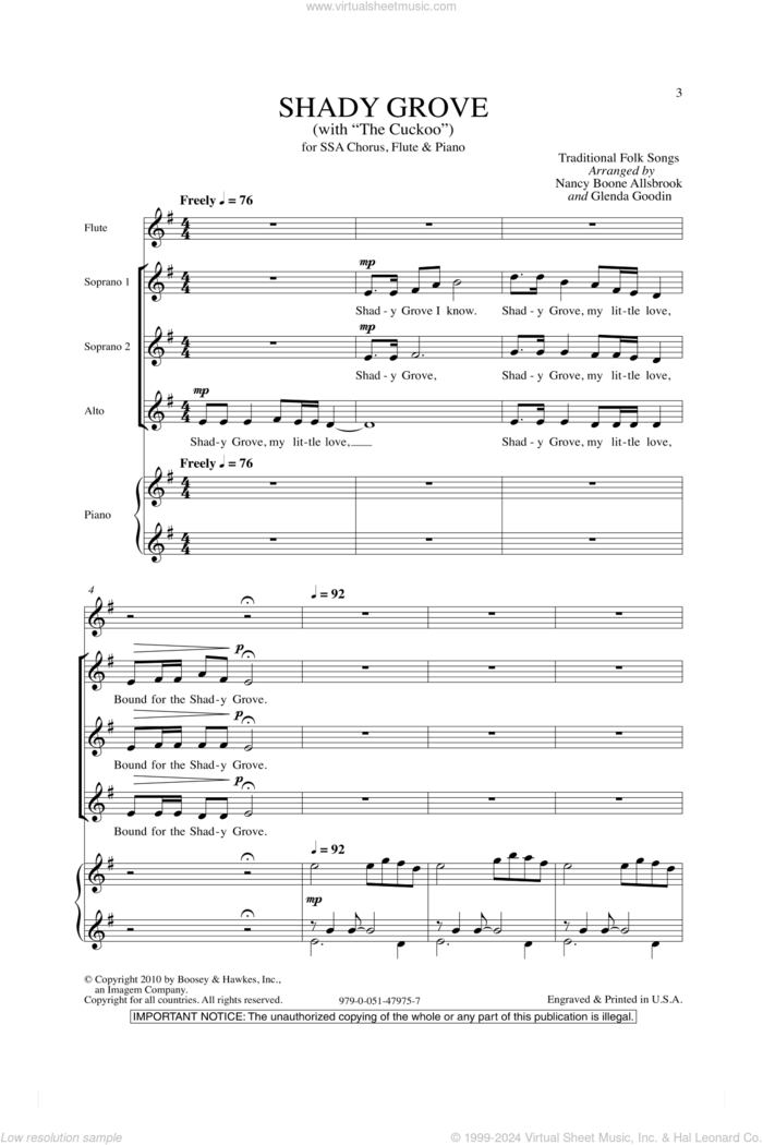 Shady Grove (with The Cuckoo) sheet music for choir (SSA: soprano, alto) by Nancy Boone Allsbrook, Glenda Goodin and Miscellaneous, intermediate skill level