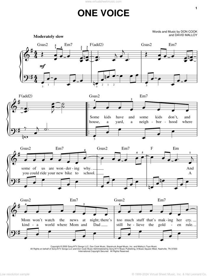 One Voice sheet music for piano solo by Billy Gilman, David Malloy and Don Cook, easy skill level