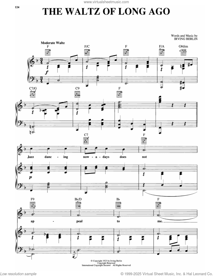 The Waltz Of Long Ago sheet music for voice, piano or guitar by Irving Berlin, intermediate skill level