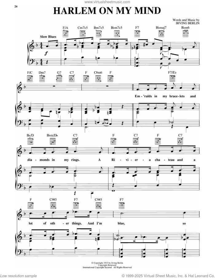 Harlem On My Mind (from As Thousands Cheer) sheet music for voice, piano or guitar by Irving Berlin, intermediate skill level