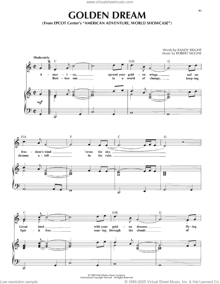 Golden Dream (from The American Adventure) sheet music for voice, piano or guitar by Randy Bright and Bob Moline, intermediate skill level