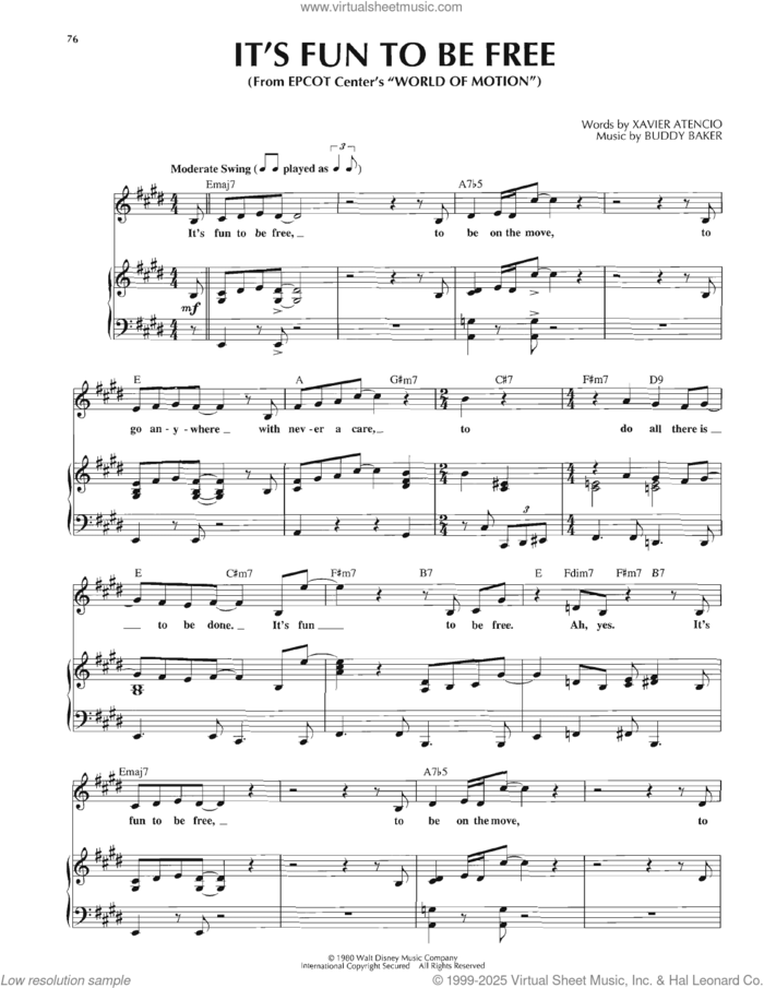 It's Fun To Be Free sheet music for voice, piano or guitar by Buddy Baker and Xavier Atencio, intermediate skill level