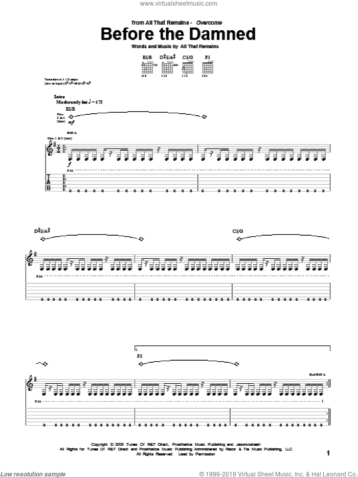 Before The Damned sheet music for guitar (tablature) by All That Remains, intermediate skill level