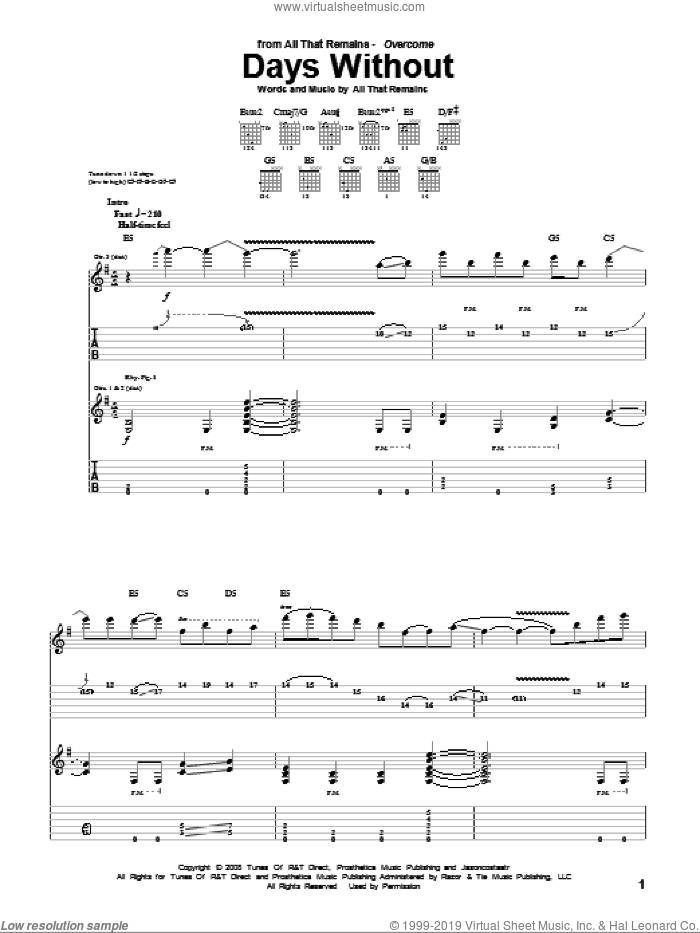 Days Without sheet music for guitar (tablature) by All That Remains, intermediate skill level