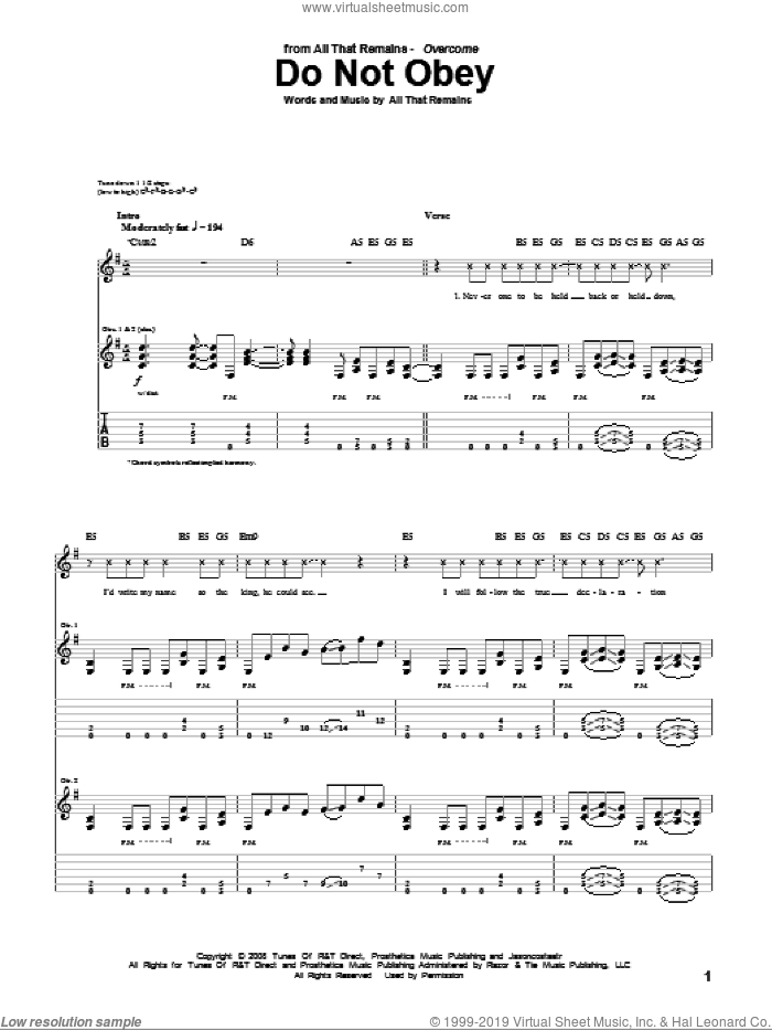 Do Not Obey sheet music for guitar (tablature) by All That Remains, intermediate skill level