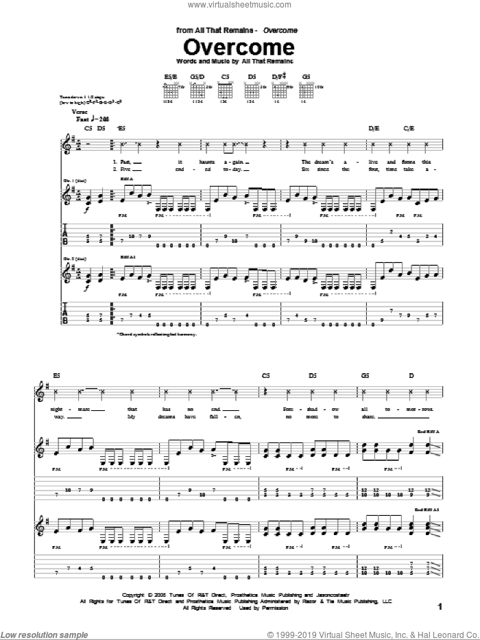 Overcome sheet music for guitar (tablature) by All That Remains, intermediate skill level