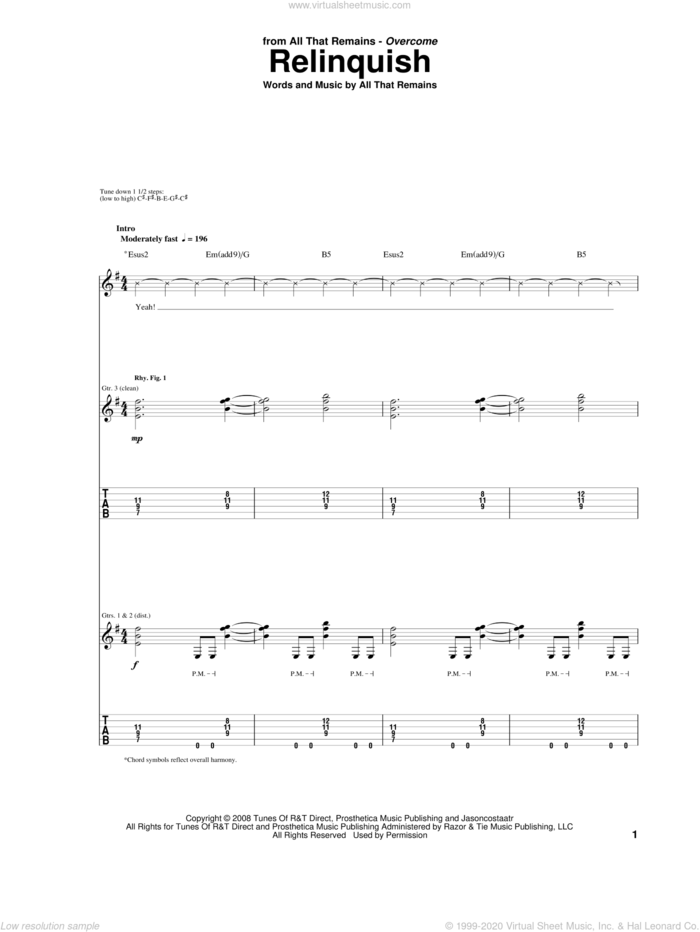 Relinquish sheet music for guitar (tablature) by All That Remains, intermediate skill level