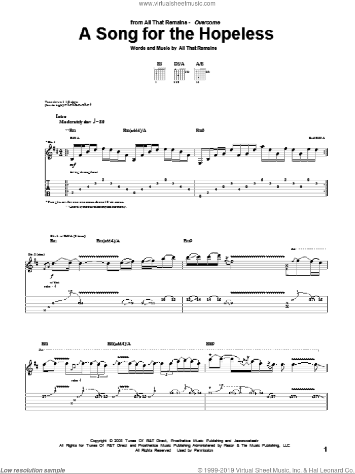 A Song For The Hopeless sheet music for guitar (tablature) by All That Remains, intermediate skill level