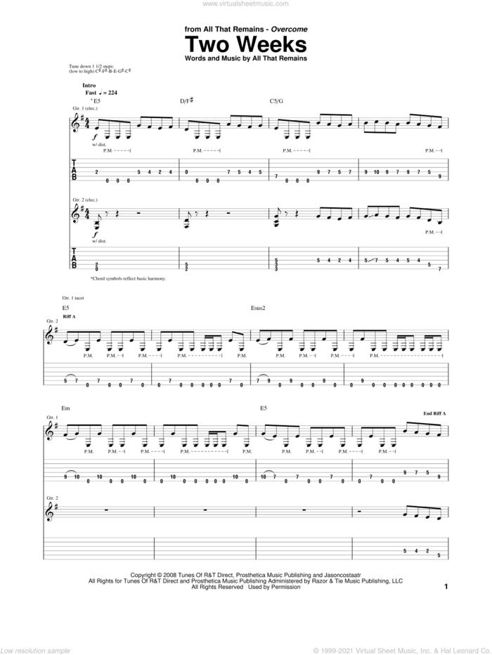 Two Weeks sheet music for guitar (tablature) by All That Remains, intermediate skill level