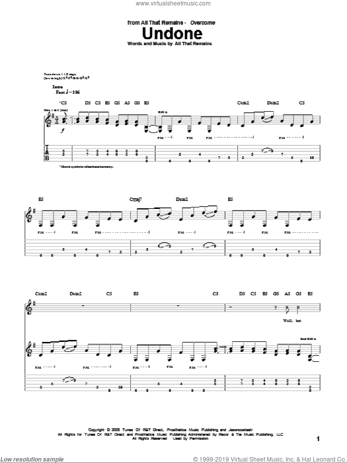Undone sheet music for guitar (tablature) by All That Remains, intermediate skill level