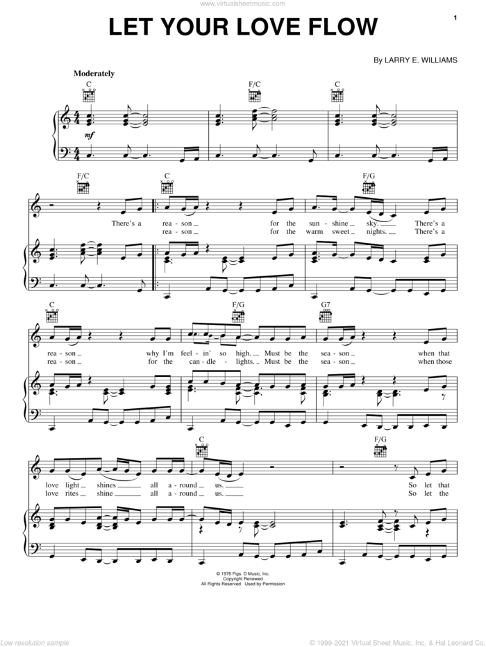 Let Your Love Flow sheet music for voice, piano or guitar by Bellamy Brothers and Larry E. Williams, intermediate skill level