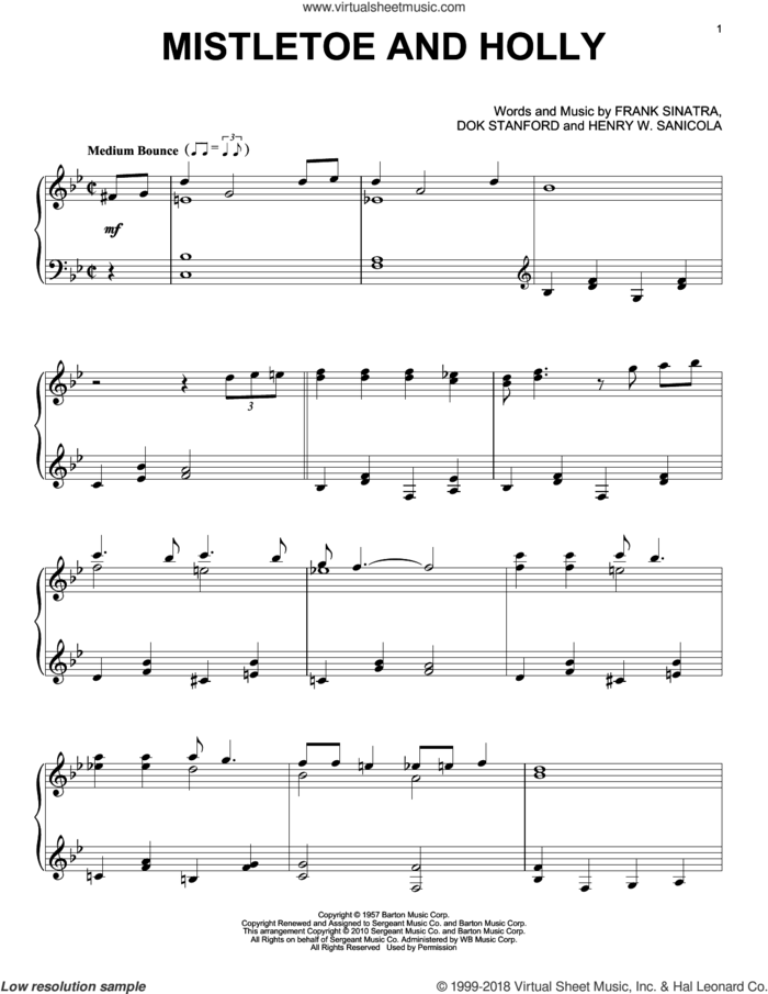 Mistletoe And Holly sheet music for piano solo by Frank Sinatra, Dok Stanford and Henry W. Sanicola, intermediate skill level
