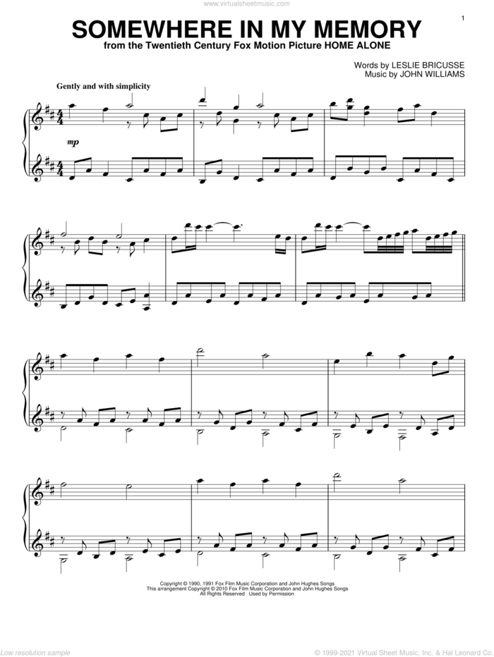 Somewhere In My Memory, (intermediate) sheet music for piano solo by John Williams, Bette Midler and Leslie Bricusse, intermediate skill level