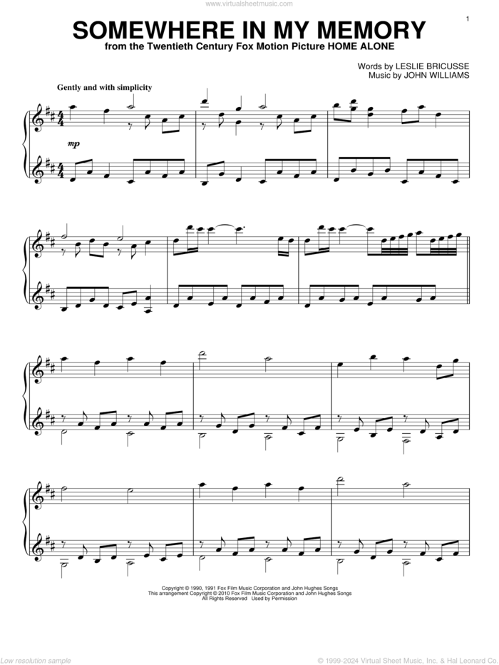 Somewhere In My Memory, (intermediate) sheet music for piano solo by John Williams, Bette Midler and Leslie Bricusse, intermediate skill level