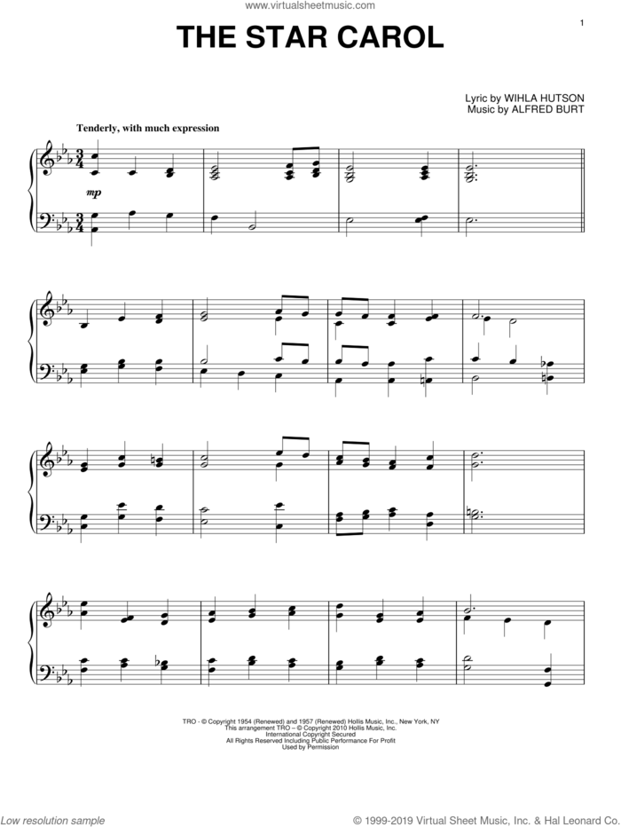 The Star Carol sheet music for piano solo by Peggy Lee, Alfred Burt and Wihla Hutson, intermediate skill level