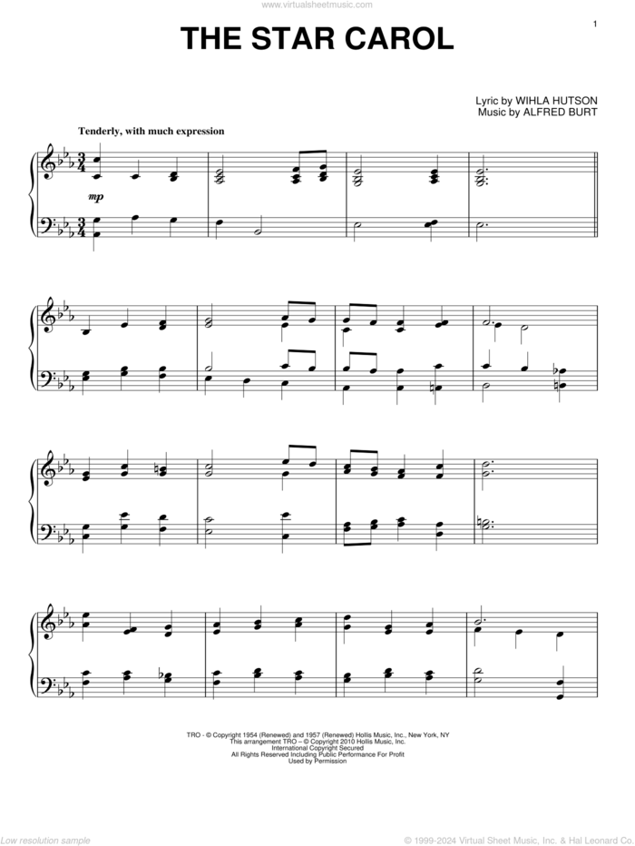 The Star Carol sheet music for piano solo by Peggy Lee, Alfred Burt and Wihla Hutson, intermediate skill level