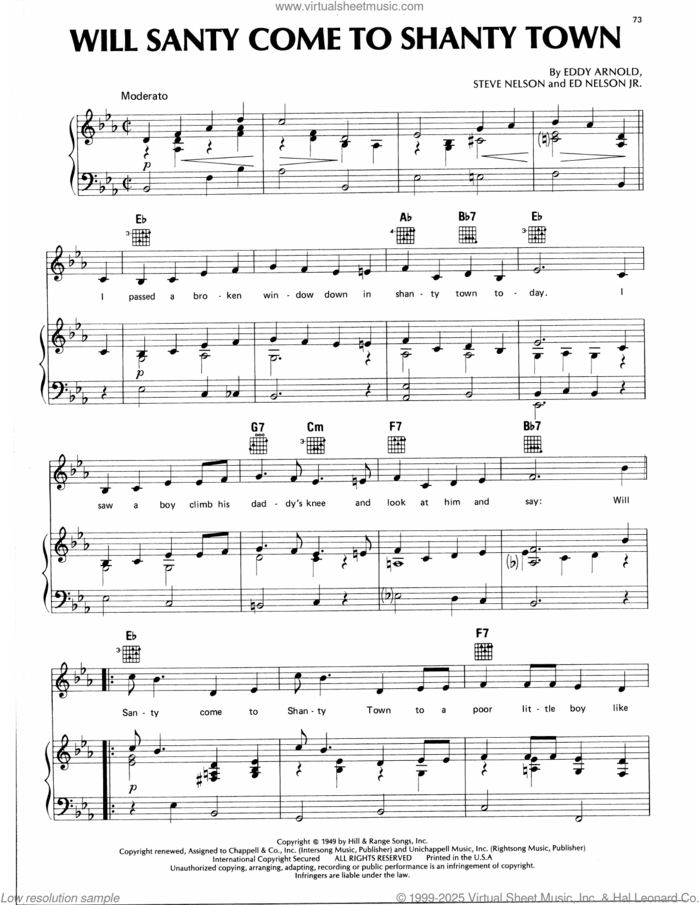 Will Santy Come To Shanty Town sheet music for voice, piano or guitar by Eddy Arnold, Ed Nelson Jr. and Steve Nelson, intermediate skill level