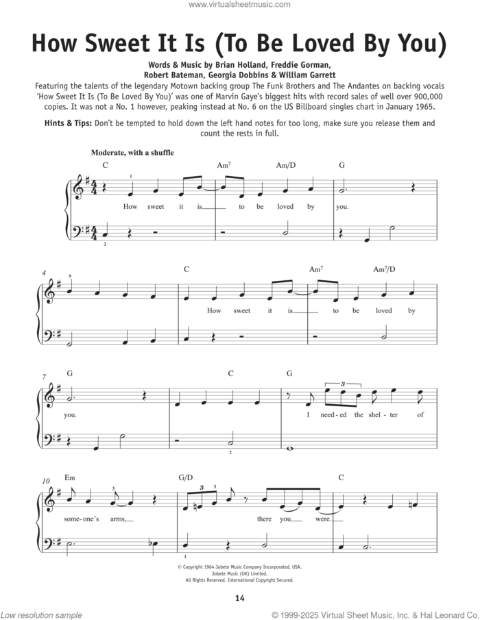 How Sweet It Is (To Be Loved By You), (beginner) (To Be Loved By You) sheet music for piano solo by Marvin Gaye, Brian Holland, Eddie Holland and Lamont Dozier, beginner skill level