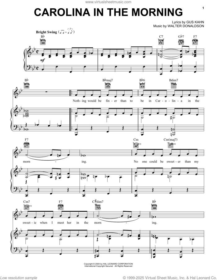 Carolina In The Morning sheet music for voice, piano or guitar by Walter Donaldson and Gus Kahn, intermediate skill level