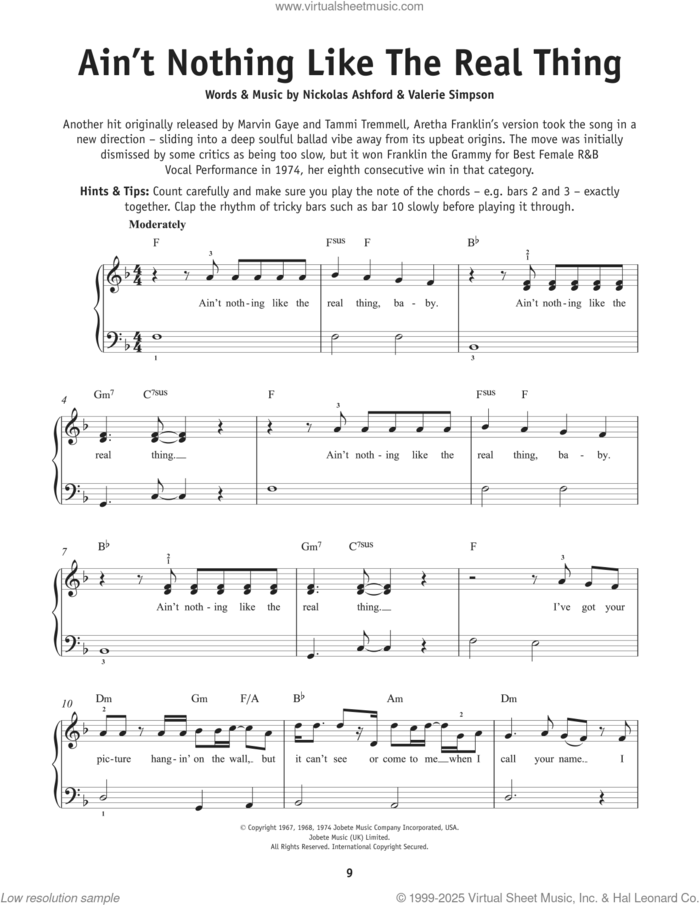 Ain't Nothing Like The Real Thing sheet music for piano solo by Marvin Gaye & Tammi Terrell, Nickolas Ashford and Valerie Simpson, beginner skill level