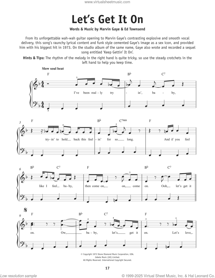 Let's Get It On sheet music for piano solo by Marvin Gaye and Ed Townsend, beginner skill level