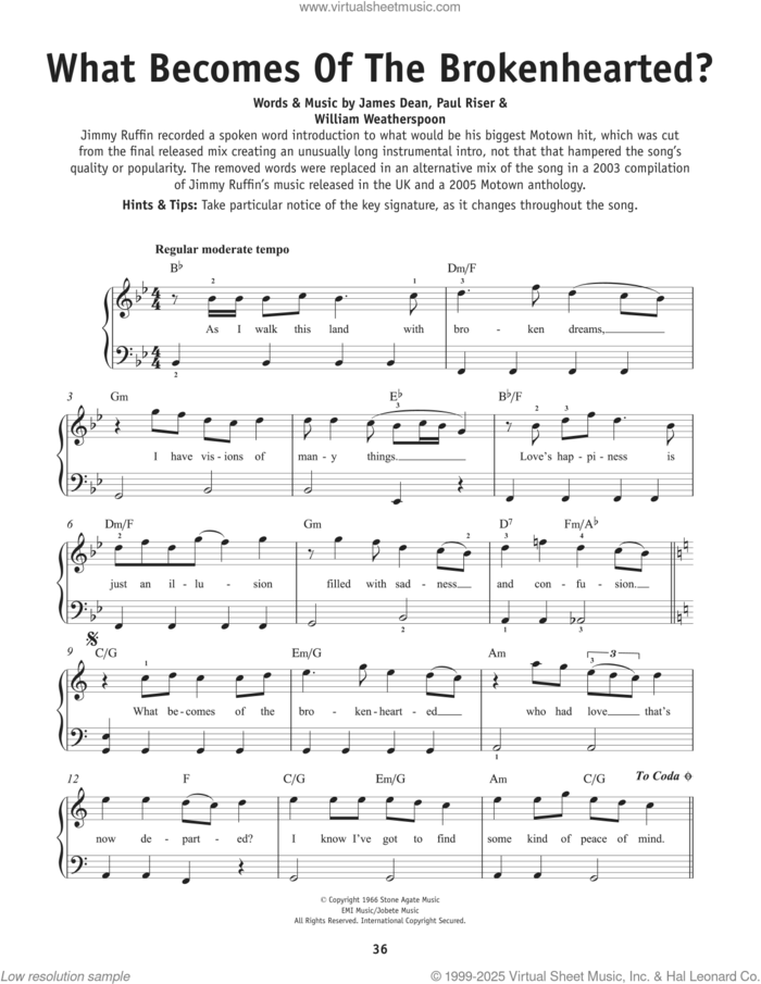 What Becomes Of The Broken Hearted, (beginner) sheet music for piano solo by Jimmy Ruffin, James Dean, Paul Riser and William Weatherspoon, beginner skill level