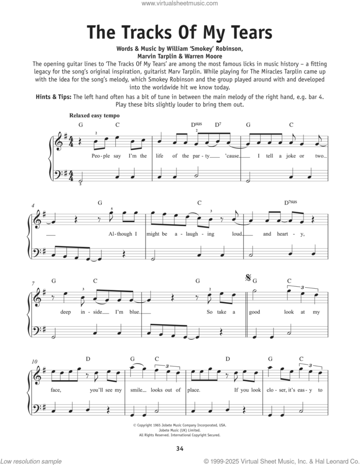 The Tracks Of My Tears sheet music for piano solo by The Miracles, Marvin Tarplin and Warren Moore, beginner skill level